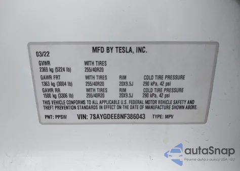 2022 Tesla Model Y Long Range Dual Motor All-Wheel Drive z USA, uszkodzony, nr VIN 7SAYGDEE8NF386043
